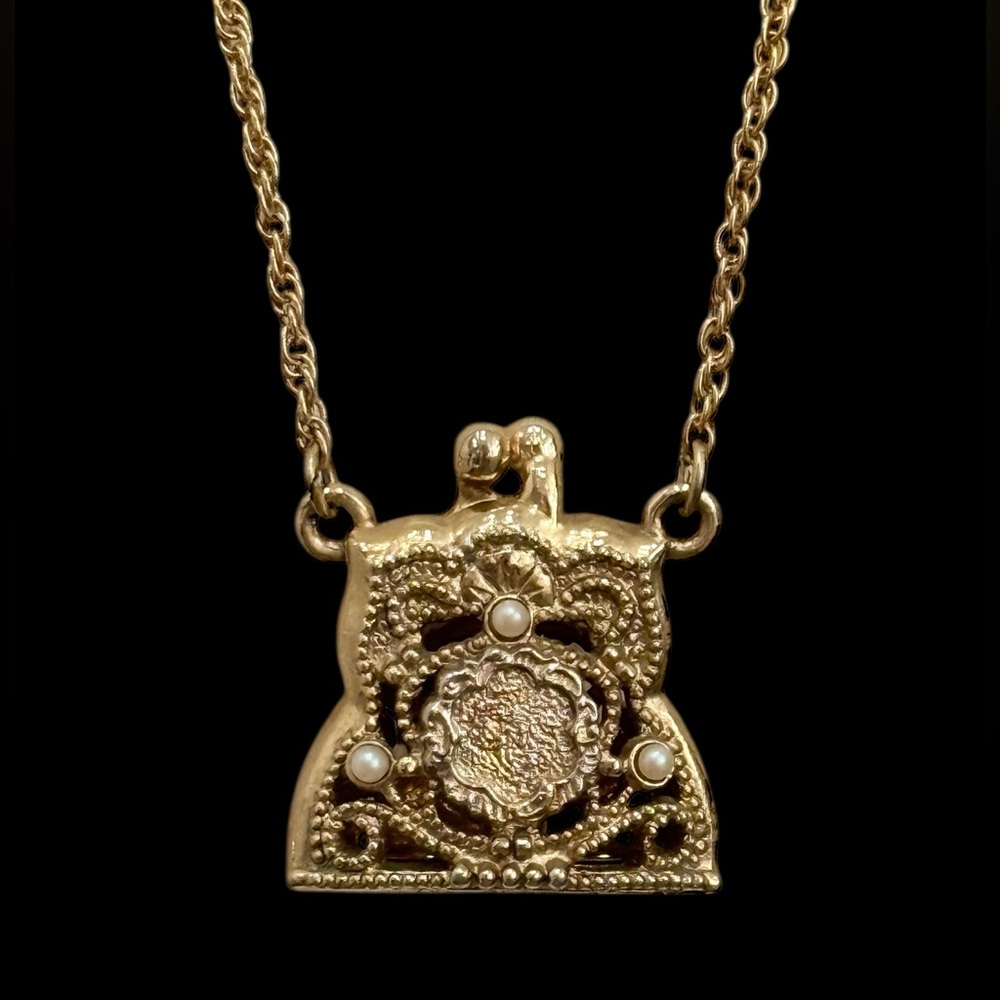Vintage 1928 Mini Purse Gold Toned Necklace with Faux Pearls - 31” Chain